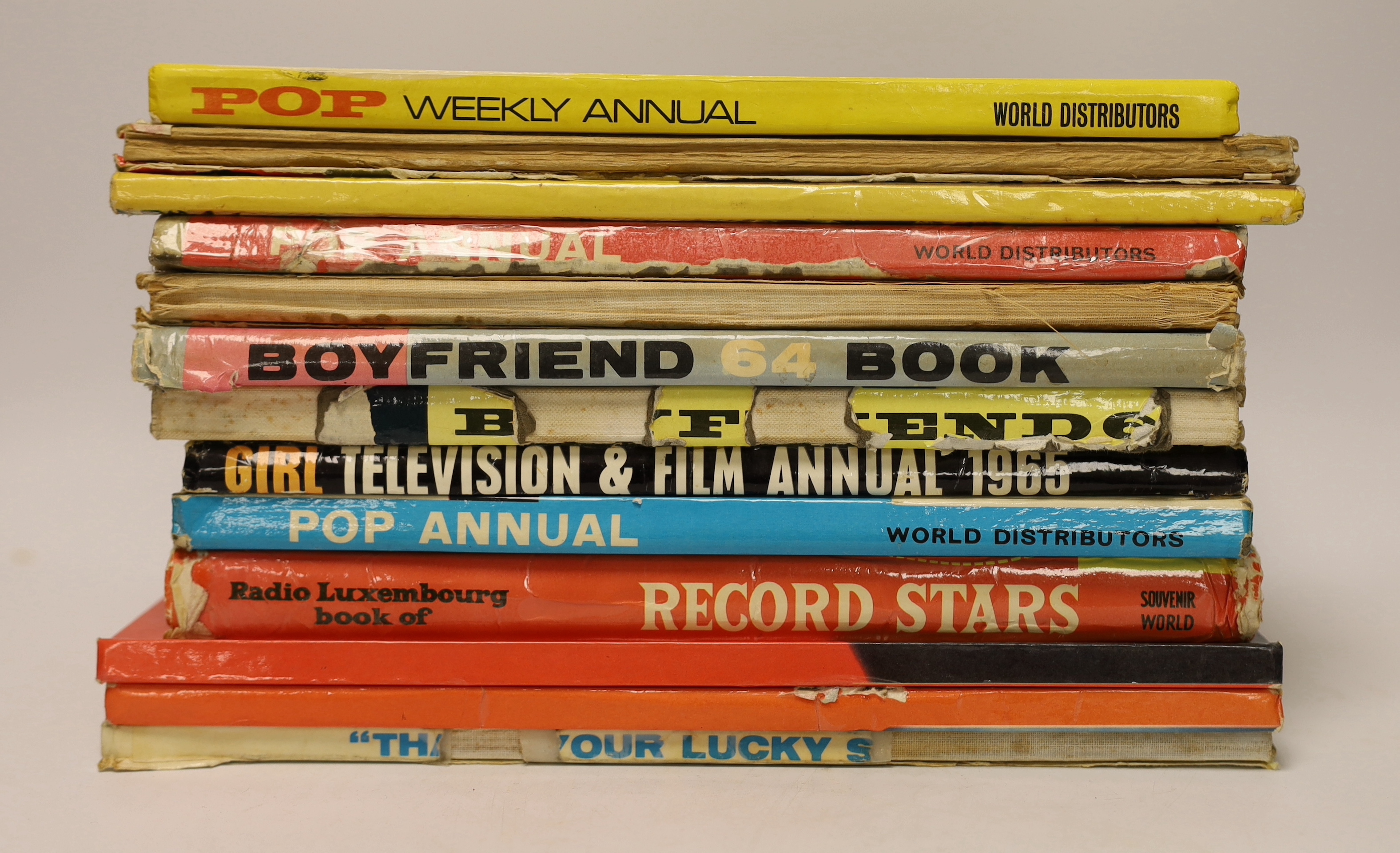 Twelve 1960's pop music annuals including, Pop Weekly Annual, Top Pop Stars, Boyfriend, Record Stars, et cetera. Together with a small quantity of pop weekly publications